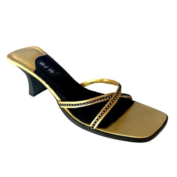 y2K Square Toe Slip On Block Heel Sandals Womens 8.5 Rhinestones 90s - Picture 1 of 8